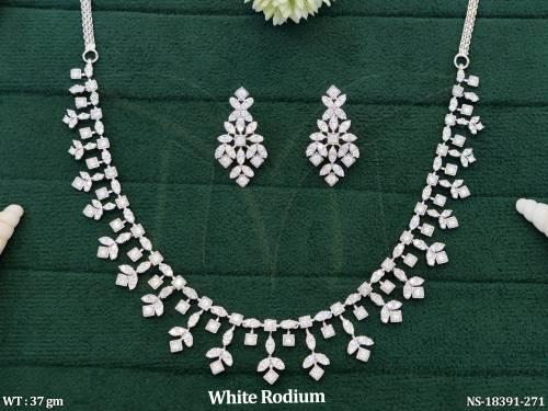 American Diamond White Rodium Polish CZ Stone Short Necklace Set  