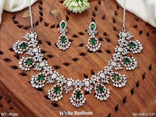 AD CZ Stone White Rodium Polish Short Necklace Set   