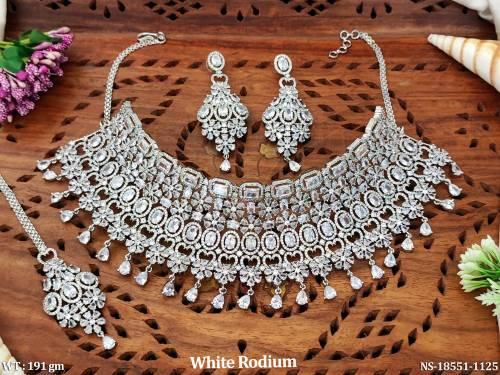 Beautiful American Diamond White Rodium Polish Party Wear Necklace Set   