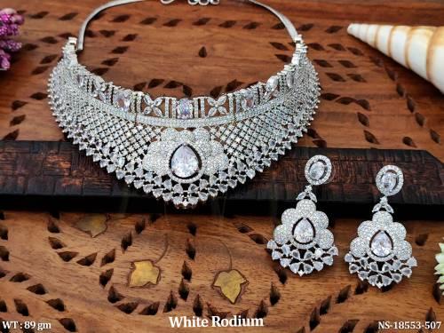 Designer White Rodium  AD CZ Stone Fancy Style Necklace Set   