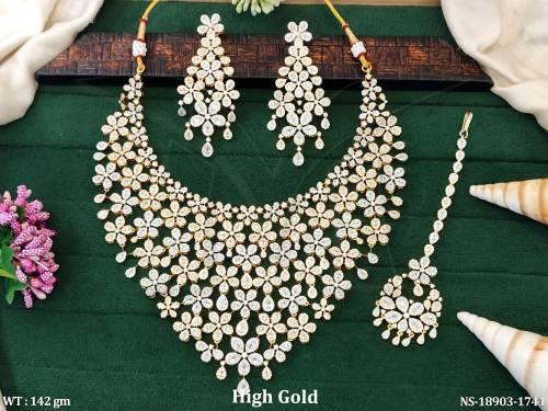 Design Full Stone CZ AD High Gold Polish Party Wear Necklace Set