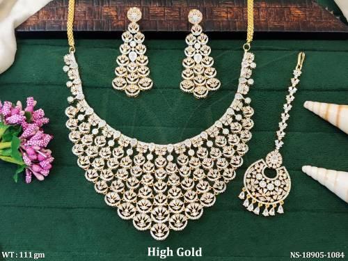 Beautiful High Gold Polish Full AD CZ Stone Party Wear Necklace Set