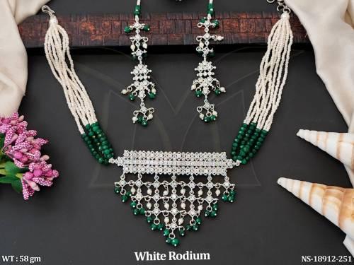 Beautiful CZ AD Stone White Rodium Polish Fancy Style Necklace Set