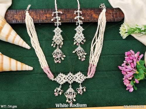 American Diamond  White Rodium CZ AD Full Stone Necklace Set  