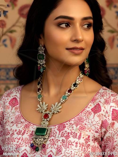 Traditional Multicolor Party Wear Necklace Set Mehendi Fancy AD Long Necklace with Earrings