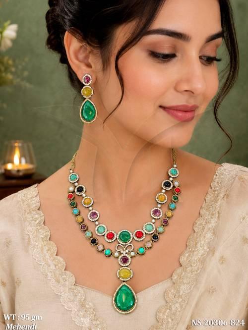 fancy-american-diamond-mehendi-stone-statement-necklace-set