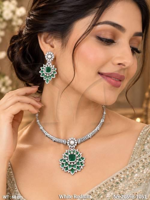 Royal Full Stone Floral American Diamond White Rodium Necklace Set