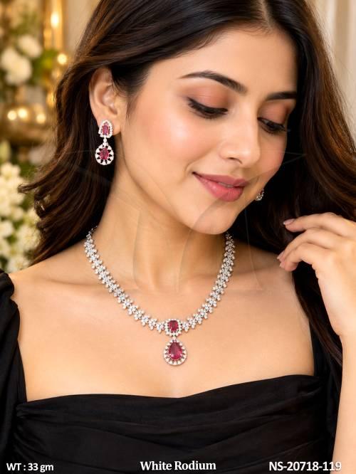 White Rodium Full Stone American Diamond Necklace Set