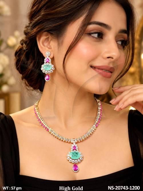Fancy High Gold Polish AD Necklace Set