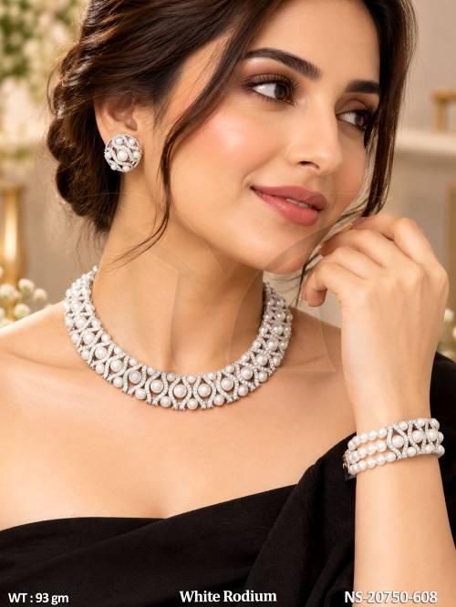 Fancy Pearl Necklace Set With Matching Bracelet