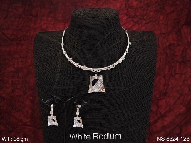 White Rodium Polish Full Cz  / AD stones Beautiful Designer Pendant Party wear Fancy Style Choker Style Necklace Set