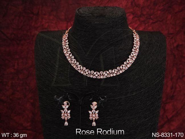 cz / ad full stones rose rodium polish designer fancy style beautiful design party wear choker necklace set