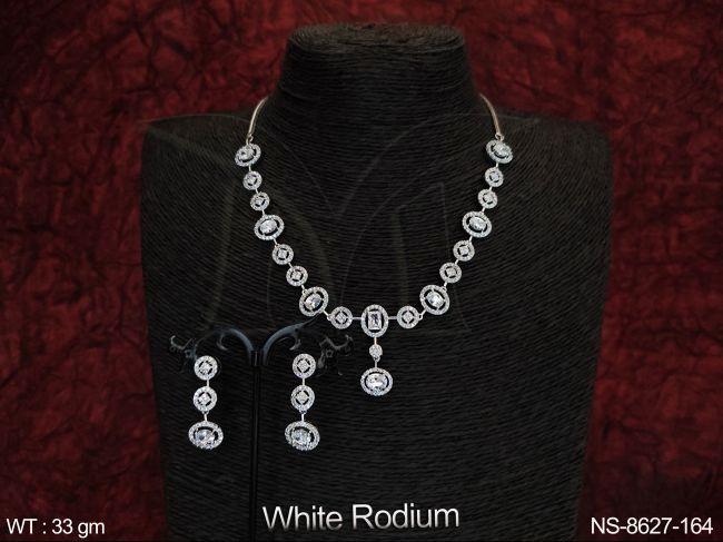 White Rodium Party wear full Cz / Ad Stones Designer Necklace Set