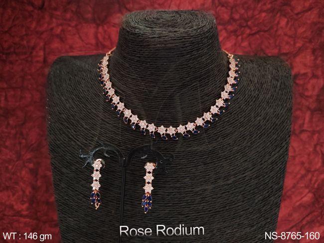 Beautiful Rose Rodium Polish Party wear Designer Cz / Ad Necklace Set