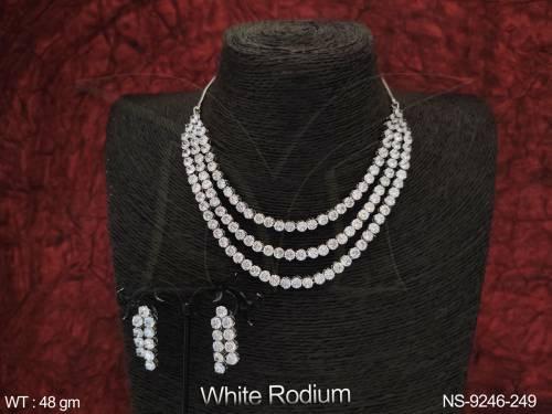 White Rodium 3 Layers Beautiful Cz Ad Stones Party wear Long Necklace Set