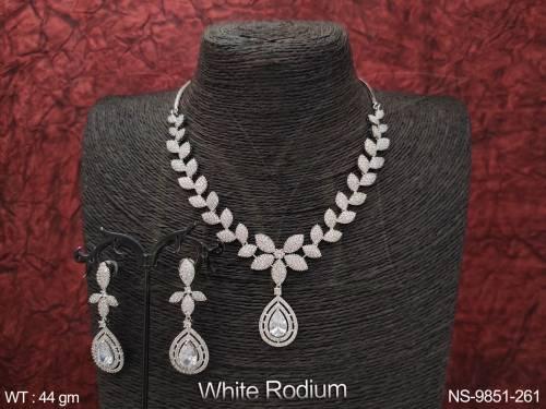 Ad Cz Full Stones Party wear White Rodium Polish Designer Necklace Set
