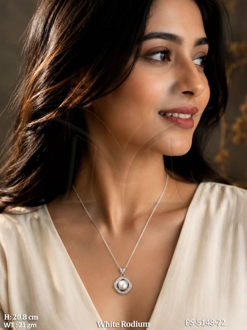 White Rodium Pearl American Diamond Pendant Set