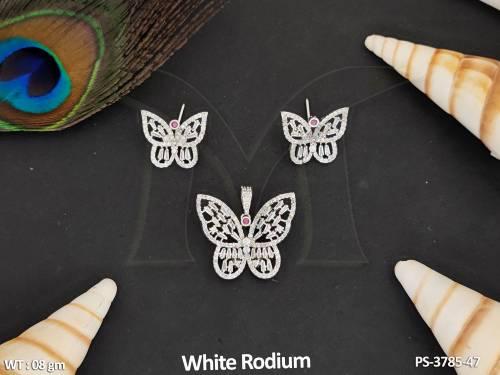 American Daimond Jewellery White Rodium Polish Unique Butterfly Design AD CZ Pendant Set 