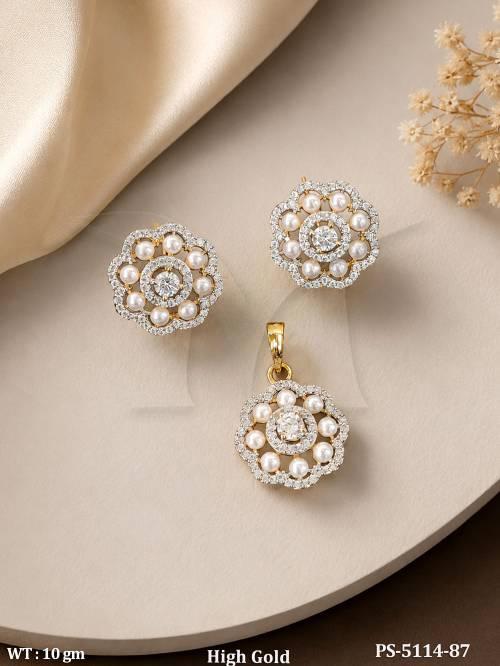 American Diamond Pearl Flower Pendant Set High Gold