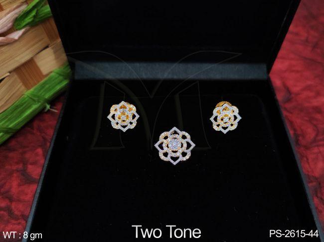 Beautiful Two Tone Polish Full white Cz / AD  stones Party wear Fancy Style Pendant Set with Earring