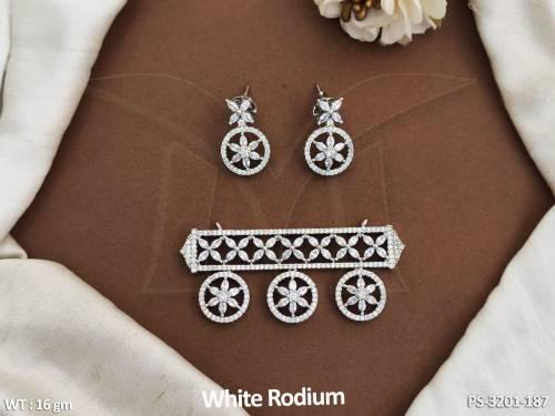 Cz Jewellery Fancy Style American Diamond  White Rodium Pendant Set — PS-3201-187