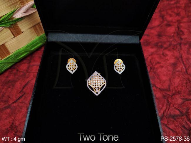 Designer Fancy Beautiful Two Tone Polish Cz / Ad Full white Stones Party wear Design Pendant with Earring