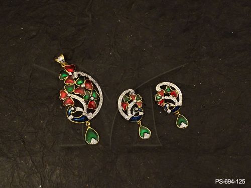 jewelkraft peacock multicoloured diamond  ad pendant set detail