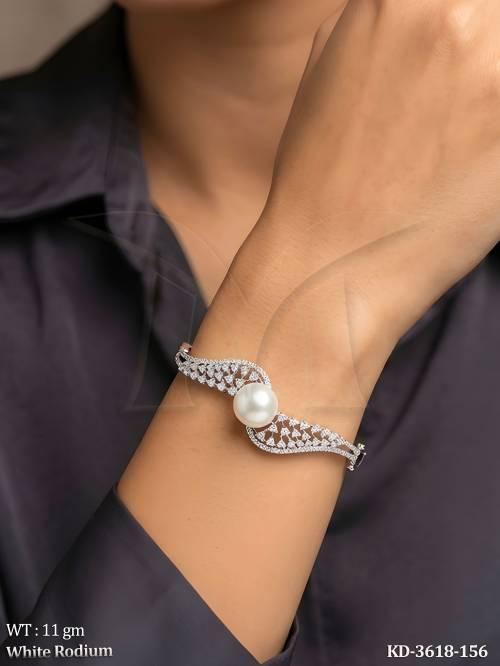 White Rhodium Pearl Kada with American Diamond Design