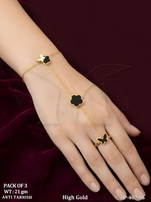 Anti Tarnish Black Clover Hand Harness Bracelet Elegant Design Pack Of 3