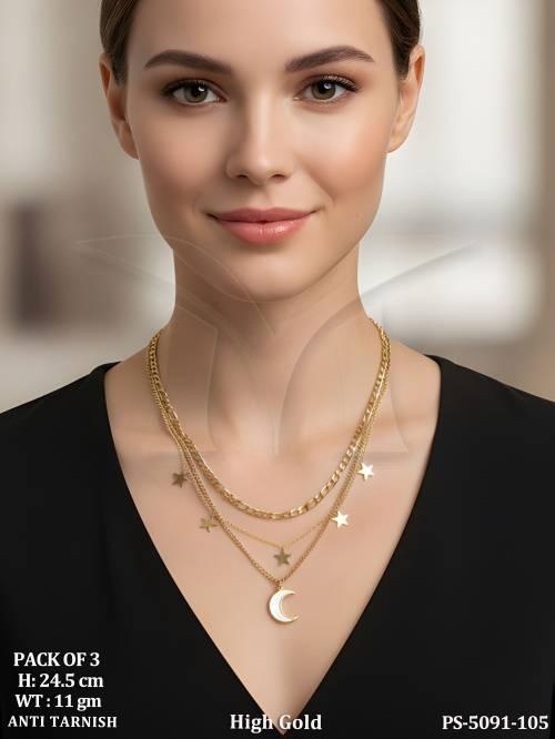 Anti Tarnish Moon and Star Layered Pendant Necklace