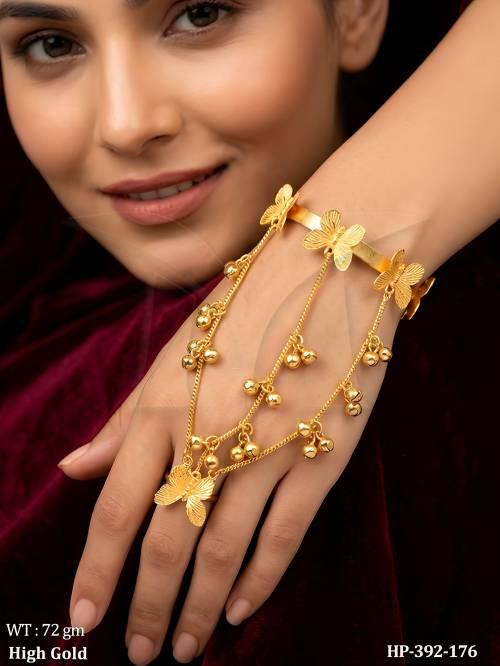 Gold Butterfly Design Haath Pan with Ghungroo Chain