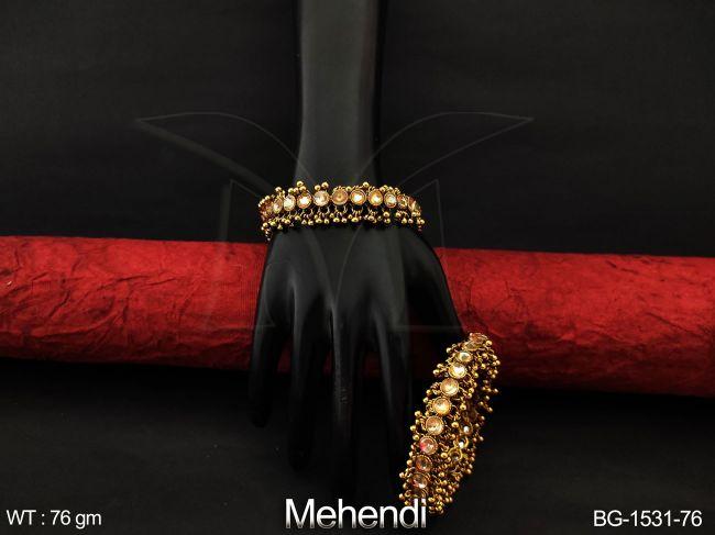 Beautiful Mehendi Polish Fancy style Designer full antique white Stones  tassels Party wear Bangle set