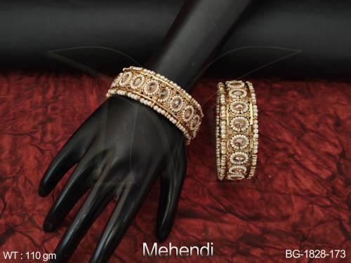 Mehendi Polish Designer Fancy Style Clustered Pearl Bangle Set