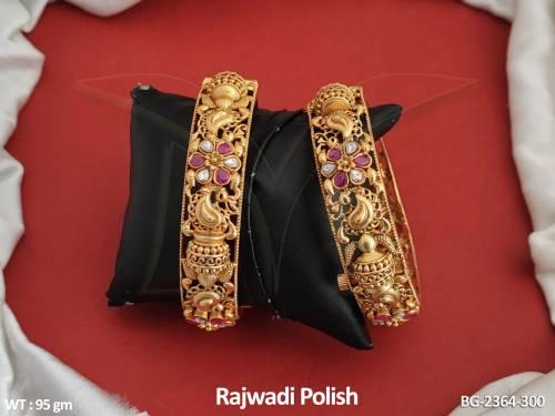 Antique Jewellery Rajwadi Polish Flower Design Oval Shaped Stones Antique Bangles Set