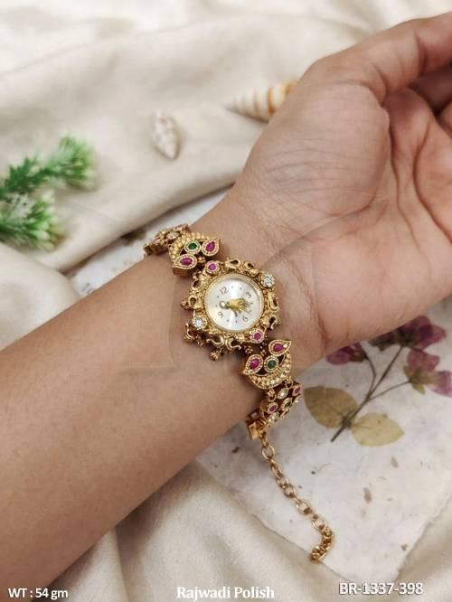 Antique Gold Designer Bracelet Watch with Multicolor Stones