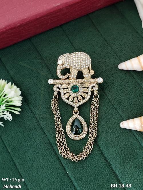 Antique Mehandi Finish Brooch with Sparkling Crystal Elephant Motif Design — BH-18-48