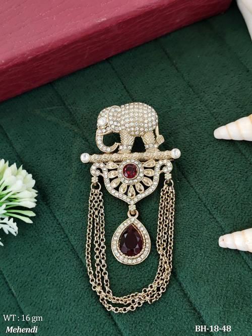 Antique Mehandi Finish Brooch with Sparkling Crystal Elephant Motif Design — BH-18-48