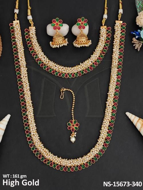 Antique Jewelry High Gold Polish South Mugappu Design Fancy Combo Necklace Set 