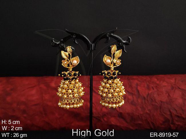 beautiful leaf design clustered pearl fancy style designer party wear jhumka earring