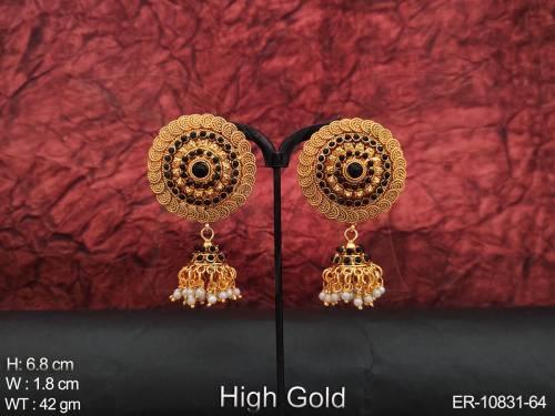 High Gold Polish Antique Jewelry Fancy Design Party Wear Antique Jhumka Earrings 