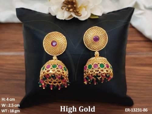 Party Wear High Gold Polish Fancy Style Antique Jhumka Earrings