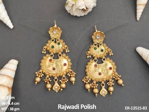Antique Jewellery Rajwadi Polish Golden Clustered Pearls Antique Long Earrings