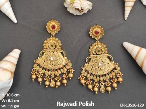 Plain Gold Design Rajwadi Polish Party Wear Antique Long Earrings 