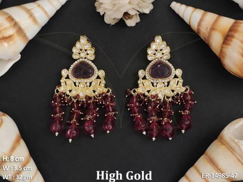 Designer Full Stone High Gold Polish Clustered Pearl Party Wear Earrings 