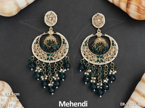 full-stones-mehendi-polish-cluster-pearls-fancy-design-antique-long-earrings-