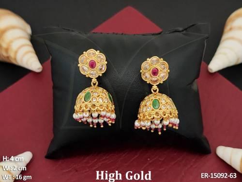 Fancy design High Gold Polish Party Wear Cluster pearls Antique jhumka Earrings 