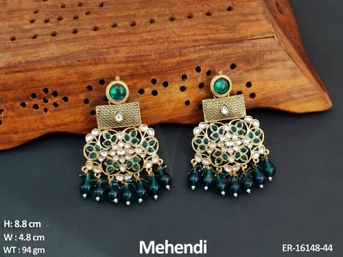 designer-antique-jewellery-mehendi-polish-full-stone-clustered-pearl-party-wear-earrings-