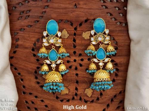 Antique Designer Full Stone Long High Gold Jhumka Earring Set