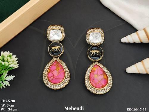 Antique Earring Set Mehendi Polish Full Stone Design 