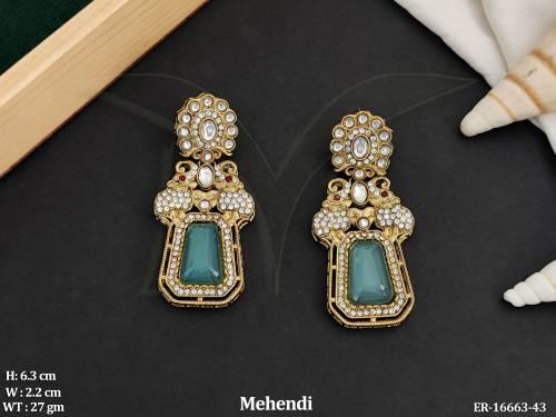 Mehendi Finish Antique Earrings with Big Center Stone 